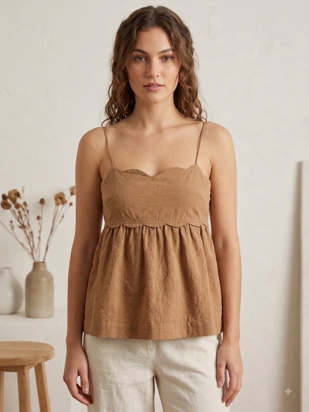 Free People free-est Sweet Scallop Babydoll Cami Top Spaghetti Strap Tan Large